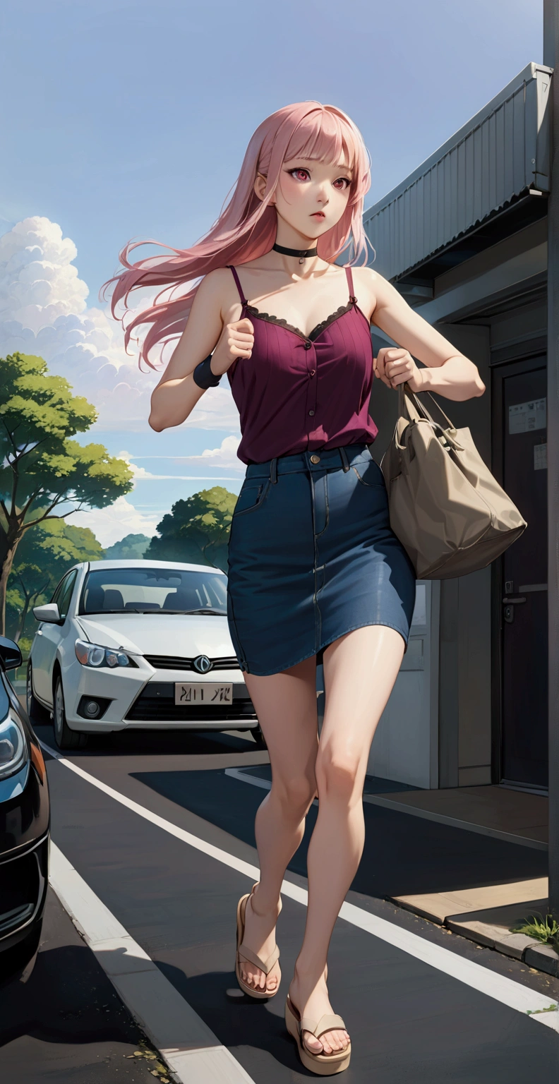 realistic anime illustration of  young woman, (marin kitagawa, long hair, bangs, blonde hair, red eyes, multicolored hair, pink hair), is carrying her bag and running along road, car parking, she wearing black choker, black wristband, magenta camisole, dark navy-blue denim pencil skirt, beige platform sandals, (1girl, solo, full body), (masterpiece, best quality, japanese anime style), (expressive eyes, perfect face)