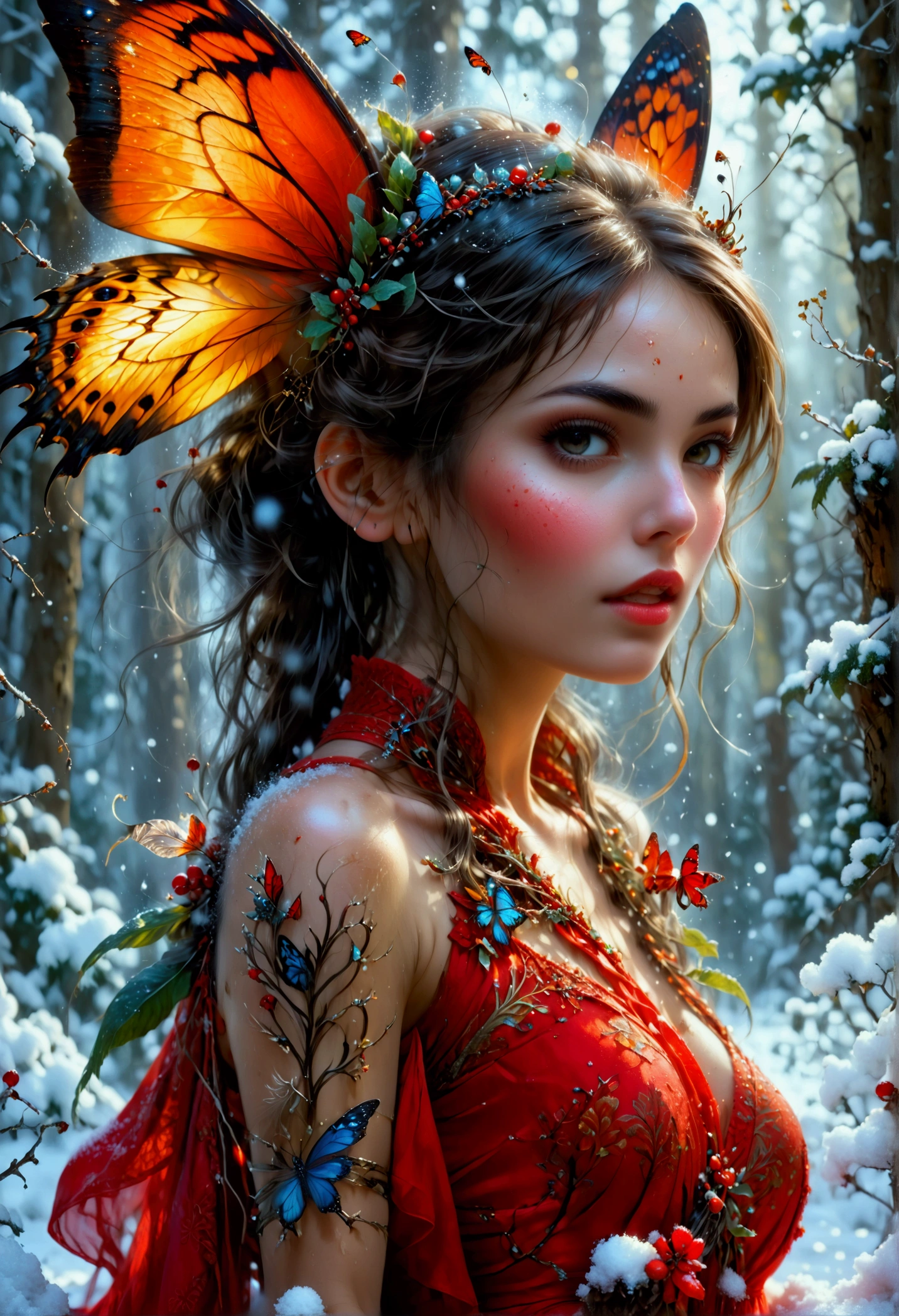 (oil painting art: 1.5) a most beautiful fairy playing in the snow, a beautiful fairy, ((full body shot: 1.5)), (best detailed face: 1.3), spread butterfly wings, dynamic hair color, dynamic hair style, busty, wearing red silk dress, intricate silk, wearing high heels boots, she is playing the snow, fresh snow in the forest, high snow, long shot,  High Detail, Ultra High Quality, High Resolution, 16K Resolution, Ultra HD Pictures, Ultra Realistic, Clear Details, Realistic Detail, Ultra High Definition, 