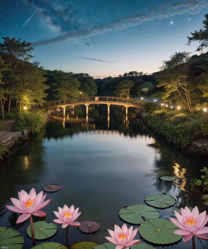 Colored line drawing night tranquil starry sky and lake water, water lily, bridge, highly realistic and detailed painting, crayons, colored pencil