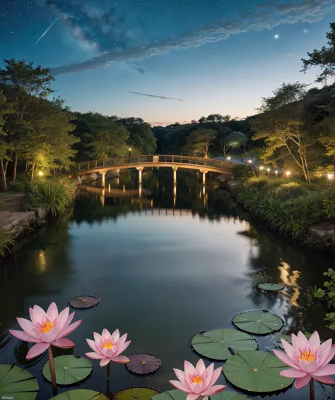 colored line drawing night tranquil starry sky and lake water, water lily, bridge, highly realistic and detailed painting, crayo...