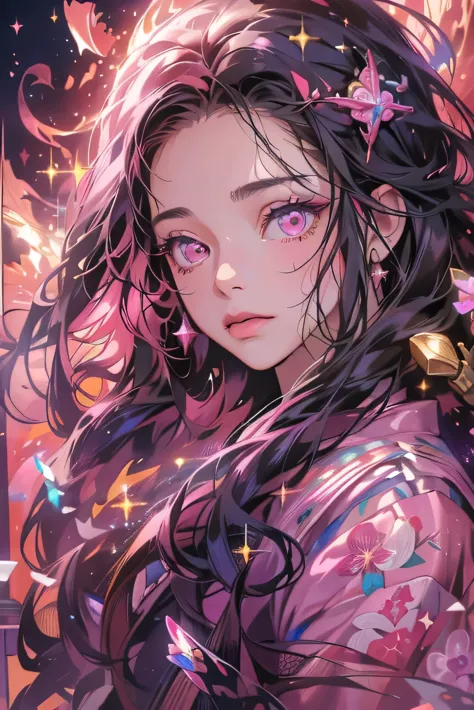 nezuko from demon slayer. a young woman with long dark hair, (pink eyes), beautiful detailed eyes, beautiful detailed lips, extr...