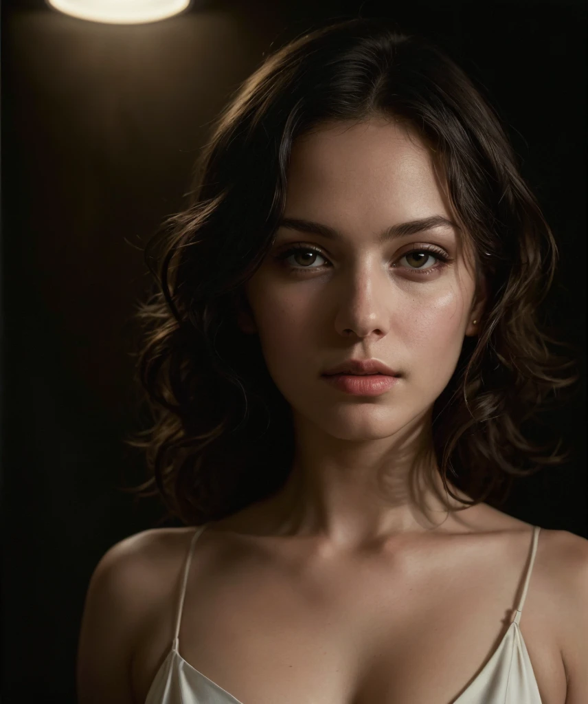 (best quality,4k,8k,highres,masterpiece:1.2),ultra-detailed,(realistic,photorealistic,photo-realistic:1.37),portrait,white-skinned woman:1.2,long curly hair:1.2,elegant red dress,snub-nosed,bright brown eyes,VSCO filter: C8,highly detailed digital painting,chiaroscuro lighting,cinematic composition,warm color palette,oil painting style,sophisticated,elegant,classy