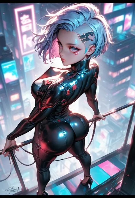 mythp0rt, best quality, depth of field, blue and white color theme, anime style, beautiful face and skin, single woman, cyberpun...