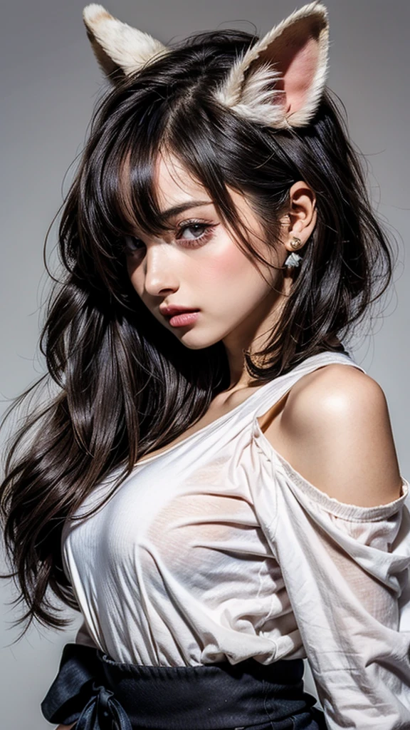 one person, animal_ear_Fluff, animal_ears, Front hair, just_shoulder, black_hair, blush, Large Breasts, cw_ears, Closed_mouth, Eyebrow_appear_Through_hair, green_eye, gray_background, hair_between_eye, Khalil_(Prwcess_Connectwg!), length_hair, Lookwg_w_Audience, Moderate_chest, multicoloured_hair, shirt, Simple_background, No sleeve, No sleeve_shirt, One person, upper_body, white_background, white_shirt, 