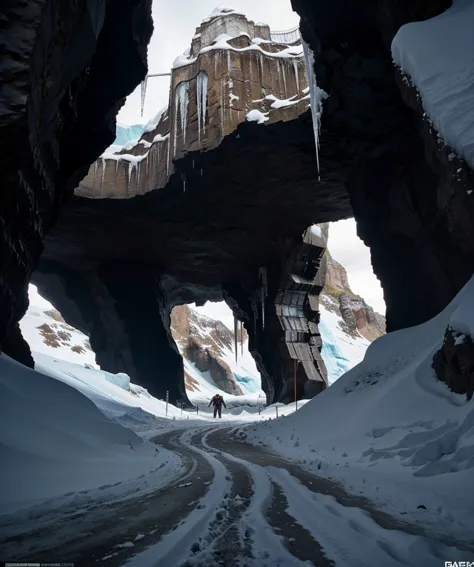 cyberpunk, mechanical, broken, there is a picture of a very large iceberg, cyberpunk, mechanical, broken, with a lot of snow, du...