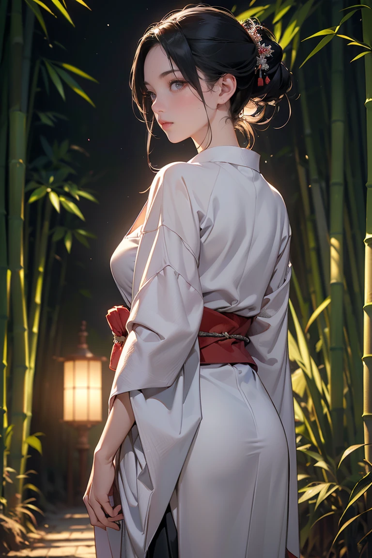 bamboo forest, ((masterpiece, of the highest quality, Maximum image quality, High resolution, photorealistic, raw photo, 8k, Extremely detailed 8k unified CG wallpaper)), A straight path through bamboo forests., Lanterns illuminating the ground, a full moon at midnight, and the back view of a woman dressed in a Japanese kimono standing in the middle of the road.,