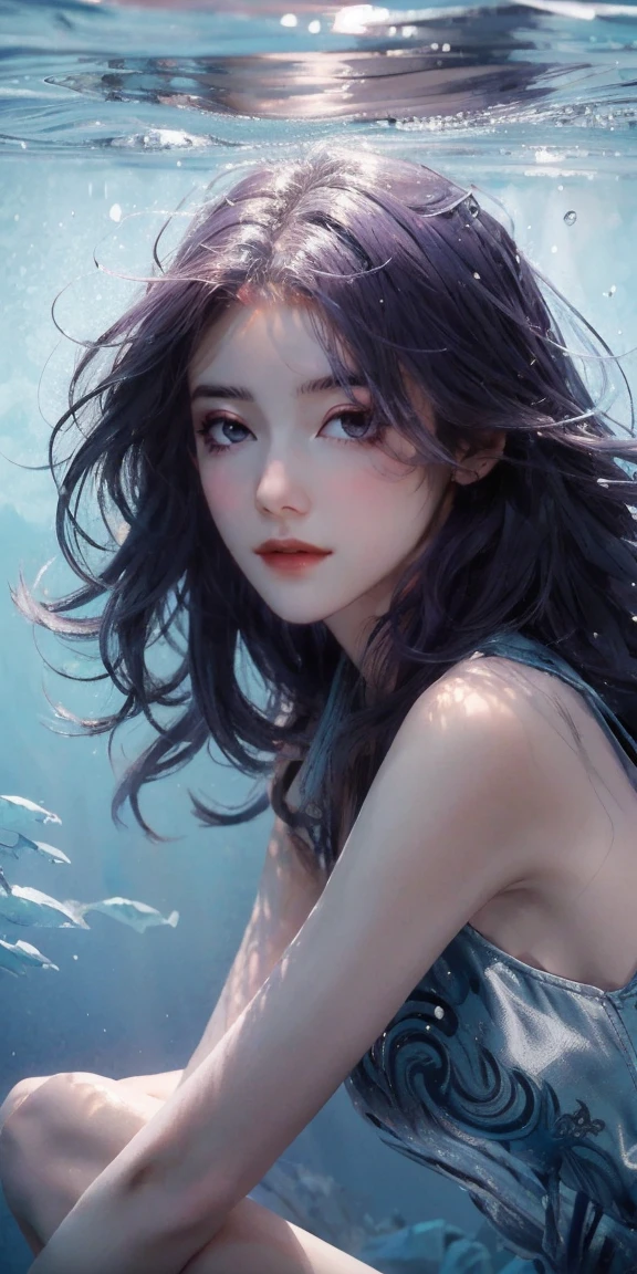 Sweet girl clothes6,print dress, (knee shot) best quality，masterpiece,  purple hair，ultra high resolution，Clear face,（Realism：1.4），RAW photos，cold light，woman wearing transparent dress underwater，wallpaper anime blue water，Gurwitz-style artwork，Close-up fantasy of water magic，author：Yang Jie，Gurwitz，A beautiful artistic illustration，Water Nymphs，Beautiful digital artwork，Beautiful digital illustration，Li Song，A beautiful anime portrait，Bovo&#39;s art style