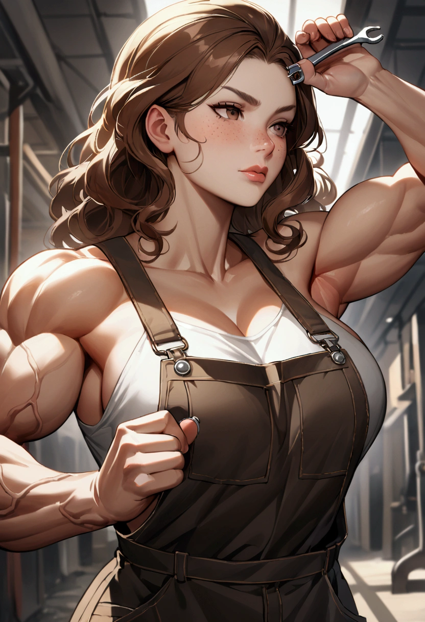 a girl with curly brown hair and freckles. She is wearing mechanic overalls with a white t-shirt underneath, revealing her muscular shoulders. She has grease on her face, adding a realistic touch to her appearance. In one hand, she holds a wrench, while with the other, she wipes her face with a sigh. Her raised arm reveals an enormous flexed bicep, with large veins running across it. Her forearm and wrist are also very muscular, showcasing her strength.