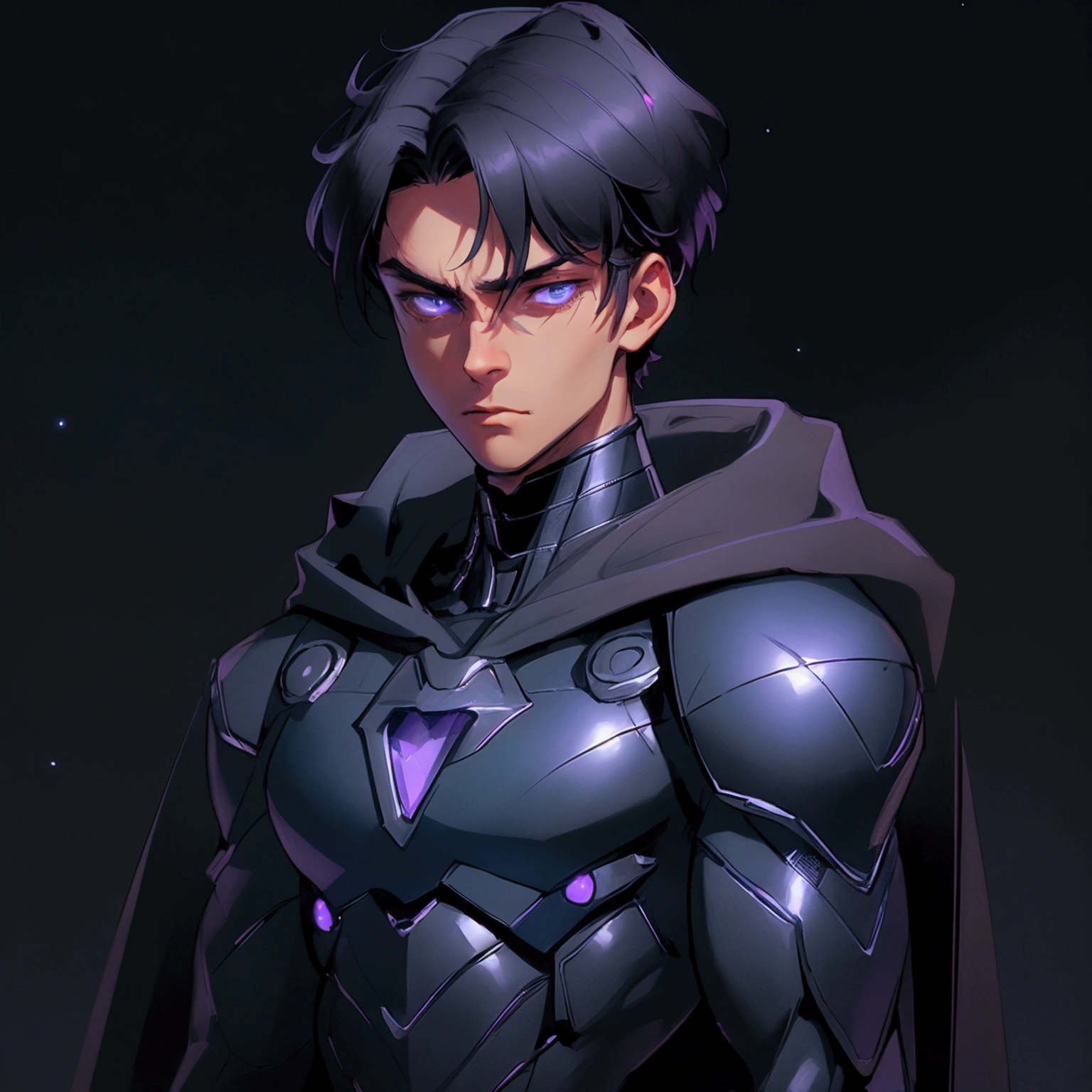 envision a 8k, highres, cinematic close up portrait of an Short man with a strong face, sleek skinny body, clean shaved, with short slick black hair, and dark blue eyes wearing a black superhero suit with purple lights and metallic attachments and a long cape that is in the shape of the moon against a dark gray background