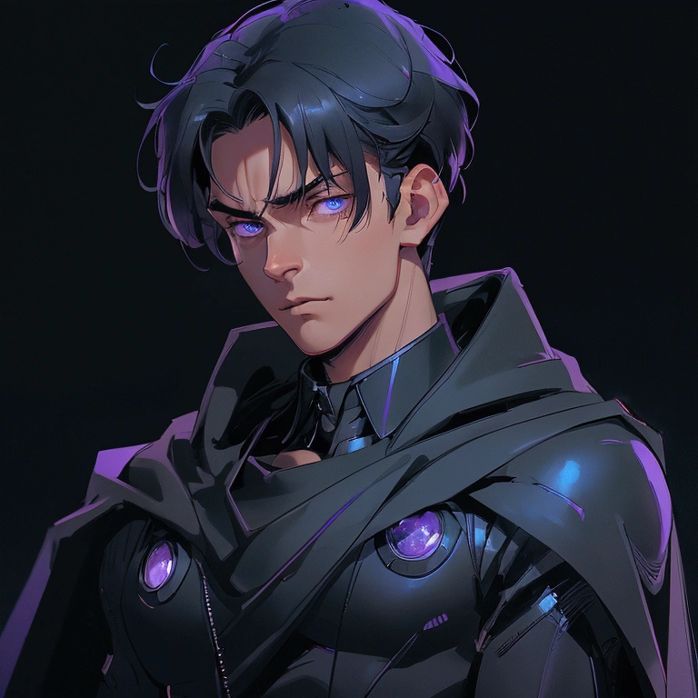 envision a 8k, highres, cinematic close up portrait of an Short man with a strong face, sleek skinny body, clean shaved, with short slick black hair, and dark blue eyes wearing a black superhero suit with purple lights and metallic attachments and a long cape that is in the shape of the moon against a dark gray background