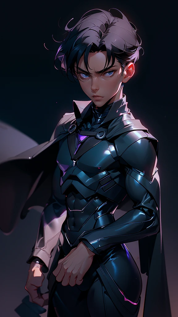 envision a 8k, highres, cinematic full body design sheet of an Short man with a strong face, sleek skinny body, clean shaved, with short slick black hair, and dark blue eyes wearing a black superhero suit with purple lights and metallic attachments and a long cape that is in the shape of the moon against a dark gray background