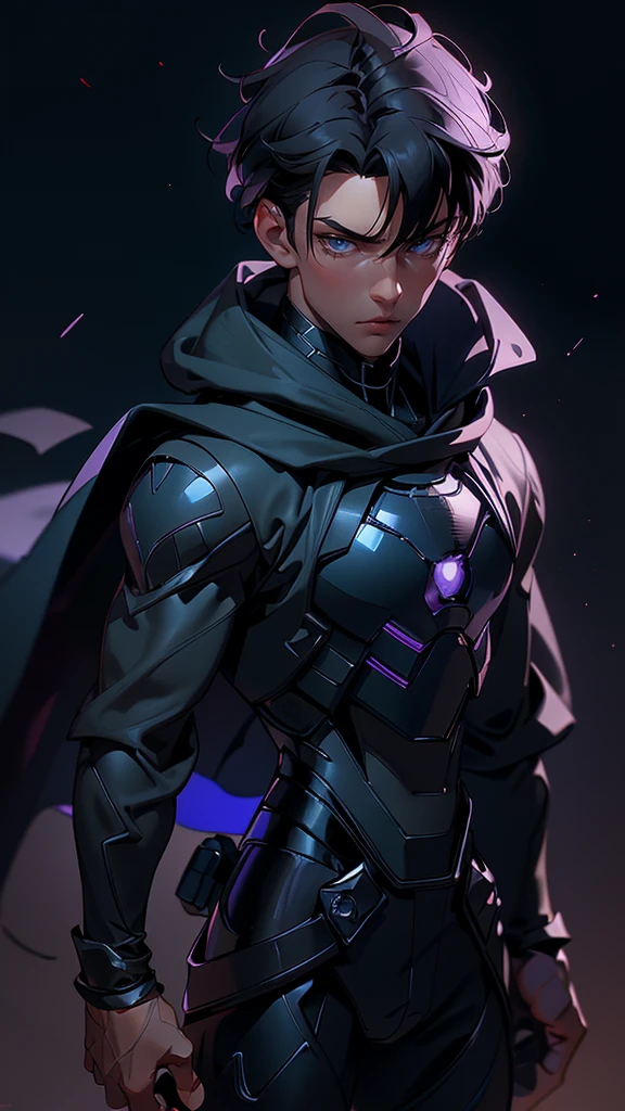 envision a 8k, highres, cinematic full body design sheet of an Short man with a strong face, sleek skinny body, clean shaved, with short slick black hair, and dark blue eyes wearing a black superhero suit with purple lights and metallic attachments and a long cape that is in the shape of the moon against a dark gray background