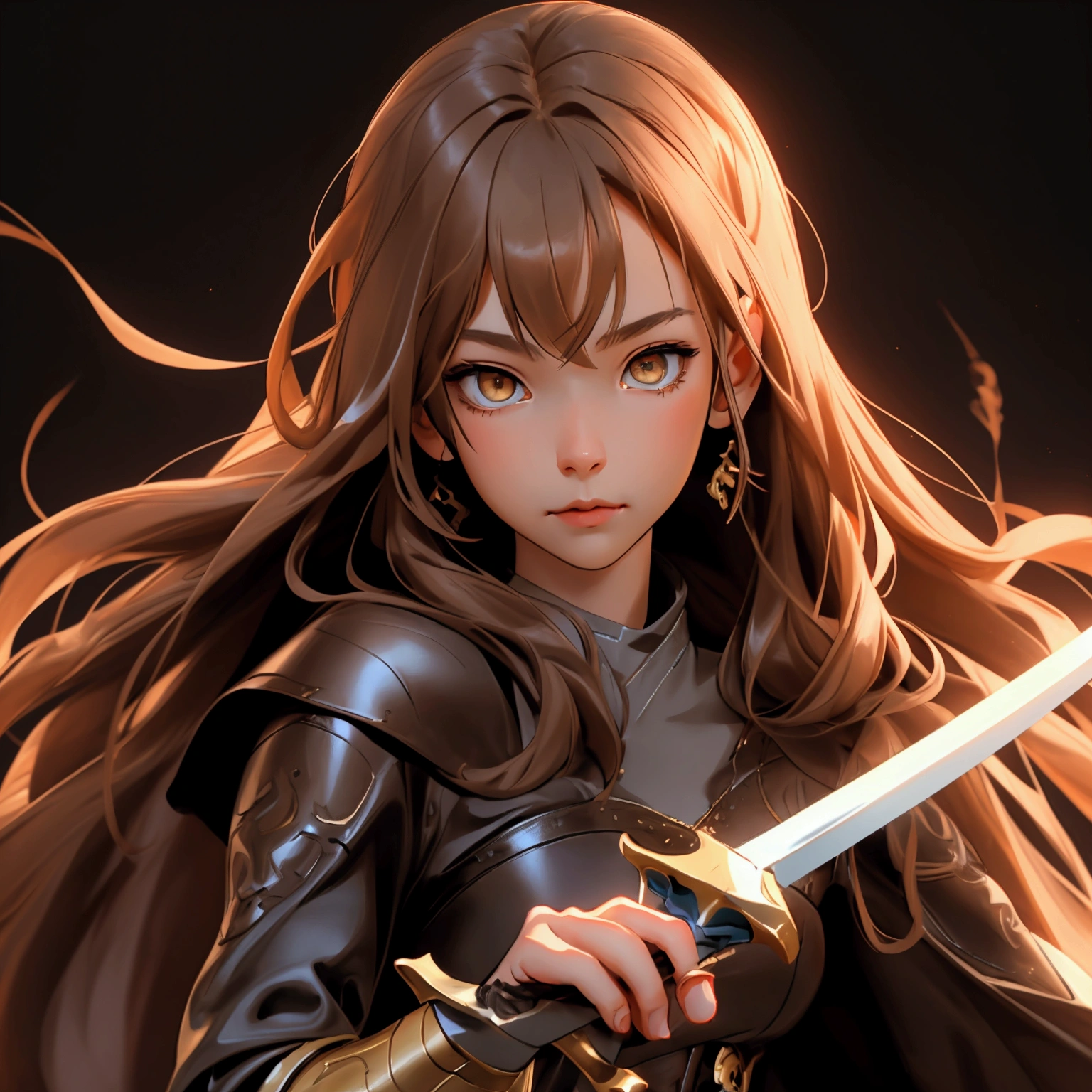 envision a 8k, highres, cinematic, close up beautiful portrait of a slender girl named Nanashi Mumei with long brown hair, Amber eyes, in a leather dress, leather armor, wielding a great sword against a dark gray background