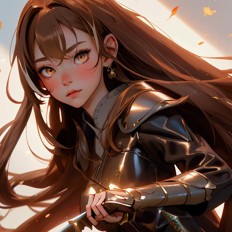 envision a 8k, highres, cinematic, close up beautiful portrait of a slender girl named Nanashi Mumei with long brown hair, Amber eyes, in a leather dress, leather armor, wielding a great sword against a dark gray background