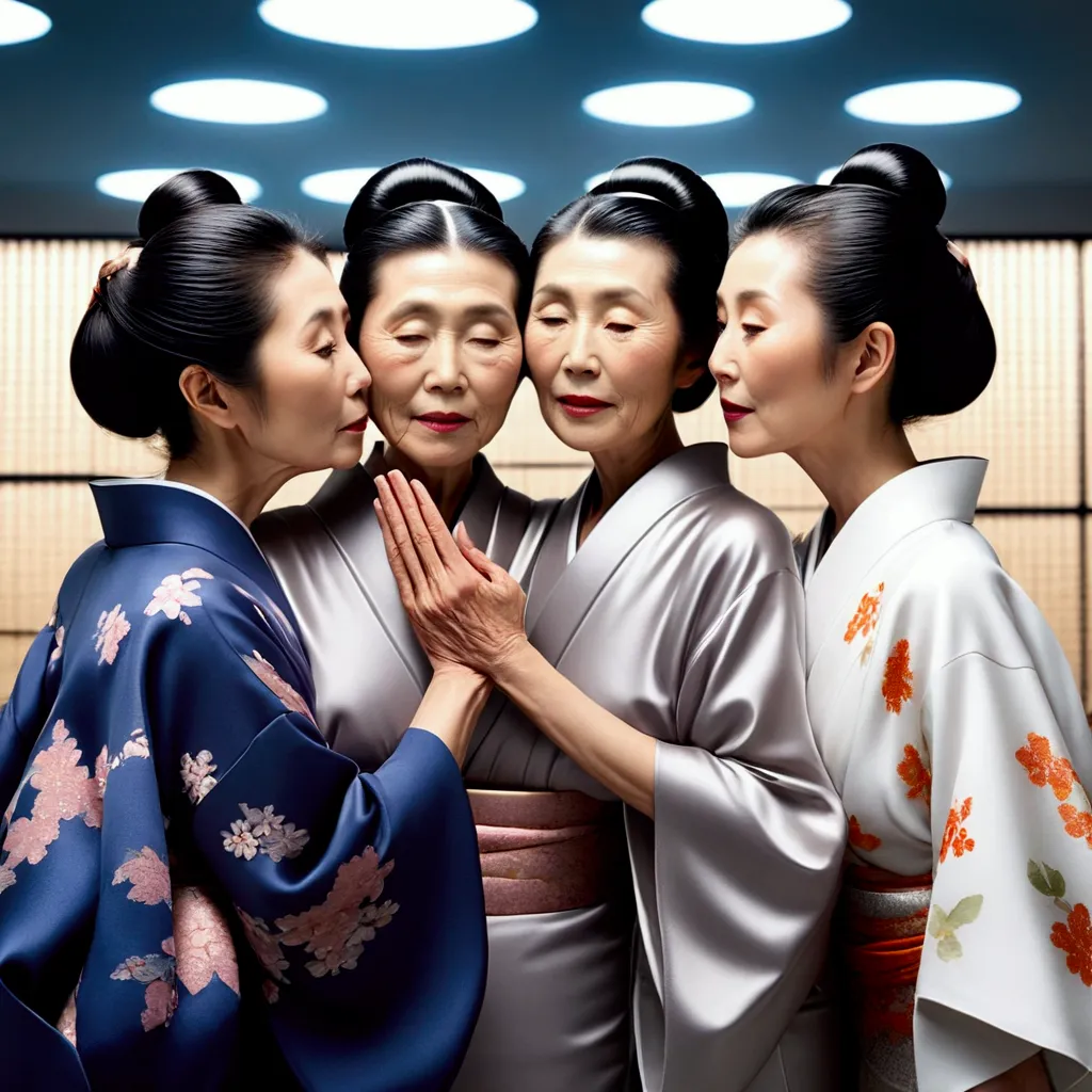 three japanese eldery ladies in kimono at luxerius office items sorrounded bright lighted modern office,their black straight bob...