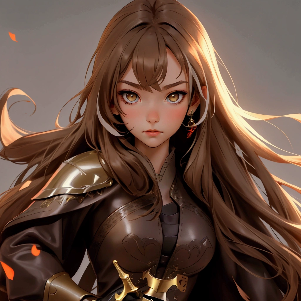 envision a 8k, highres, cinematic, close up beautiful portrait of a slender girl named Nanashi Mumei with long brown hair, Amber eyes, in a leather dress, leather armor, wielding a great sword against a dark gray background