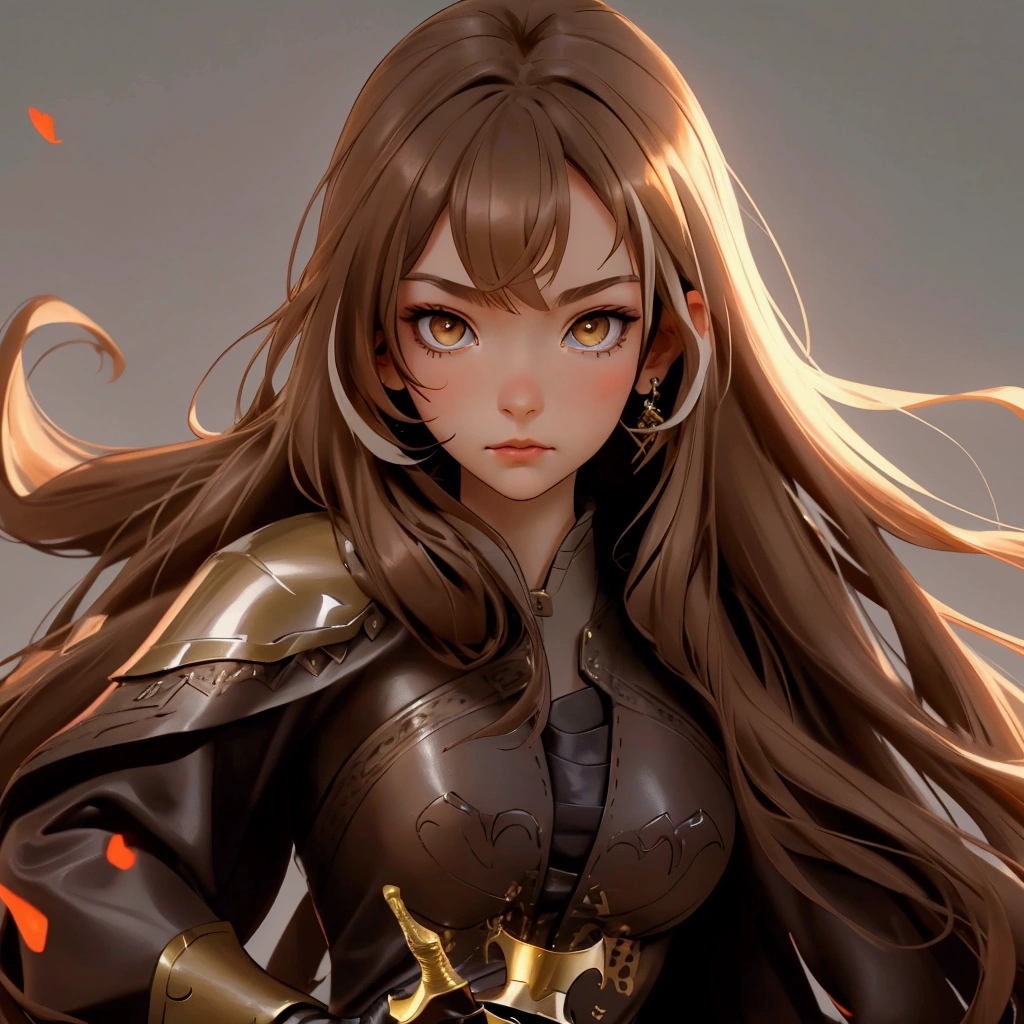 envision a 8k, highres, cinematic, close up beautiful portrait of a slender girl named Nanashi Mumei with long brown hair, Amber eyes, in a leather dress, leather armor, wielding a great sword against a dark gray background