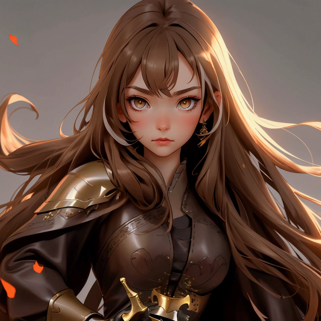 envision a 8k, highres, cinematic, close up beautiful portrait of a slender girl named Nanashi Mumei with long brown hair, Amber eyes, in a leather dress, leather armor, wielding a great sword against a dark gray background