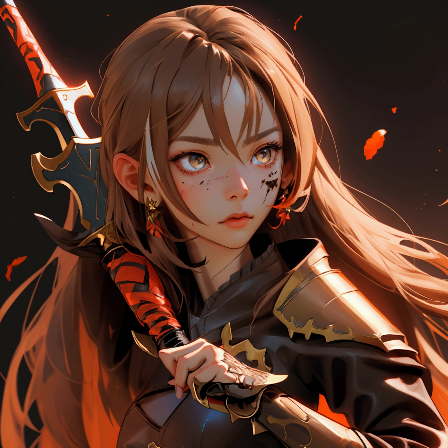 envision a 8k, highres, cinematic, close up beautiful portrait of a fierce battle warrior slender girl named Nanashi Mumei with long brown hair, Amber eyes, in a leather dress, leather armor, wielding a great sword with blood splattered on her face against a dark gray background