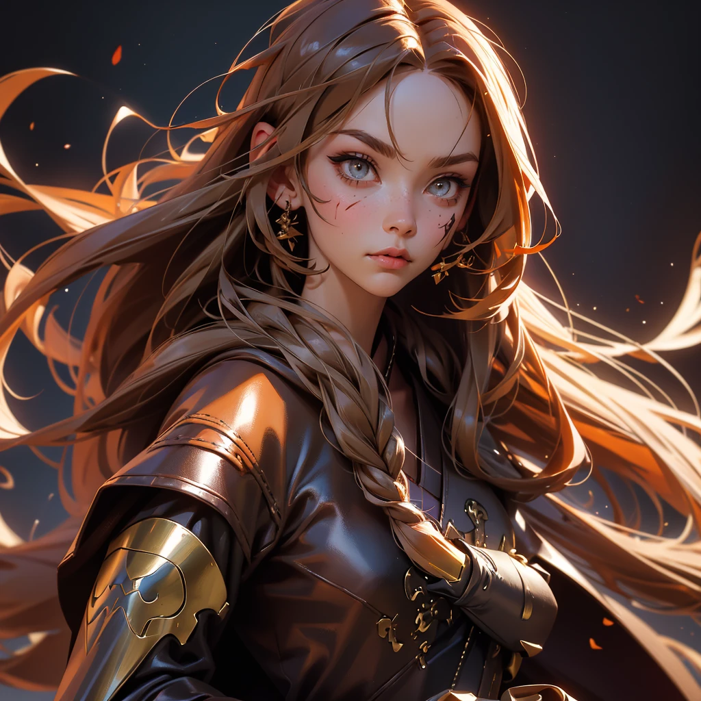 envision a 8k, highres, cinematic, close up beautiful portrait of a fierce battle warrior slender girl named Nanashi Mumei with long brown hair, Amber eyes, in a leather dress, leather armor, wielding a great sword with blood splattered on her face against a dark gray background