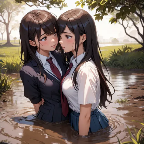 romance students, two girls students in school uniform, lesbian couple, tall and thin, beautiful, alumnaxalumna, classmates, kis...