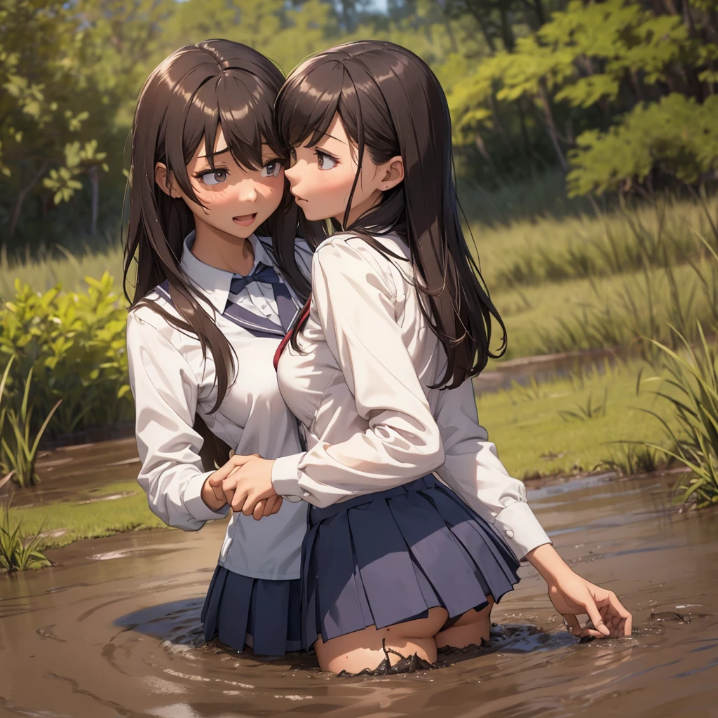 Romance students, two girls students in school uniform, lesbian couple, tall and thin, beautiful, alumnaxalumna, classmates, kissing passionately, sinking in the middle of quicksand, bog, swamp, marsh, muddy, messy, deep mud, orgasm, intimate moment, 