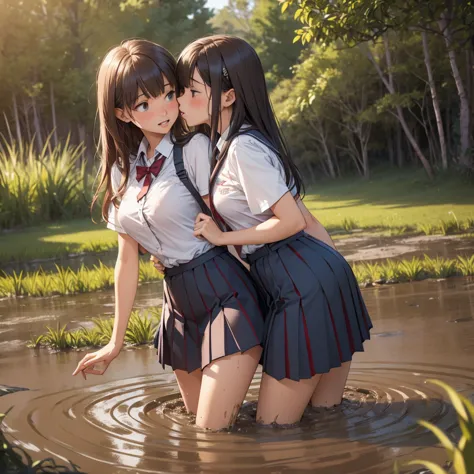 romance students, two girls students in school uniform, lesbian couple, tall and thin, beautiful, alumnaxalumna, classmates, kis...