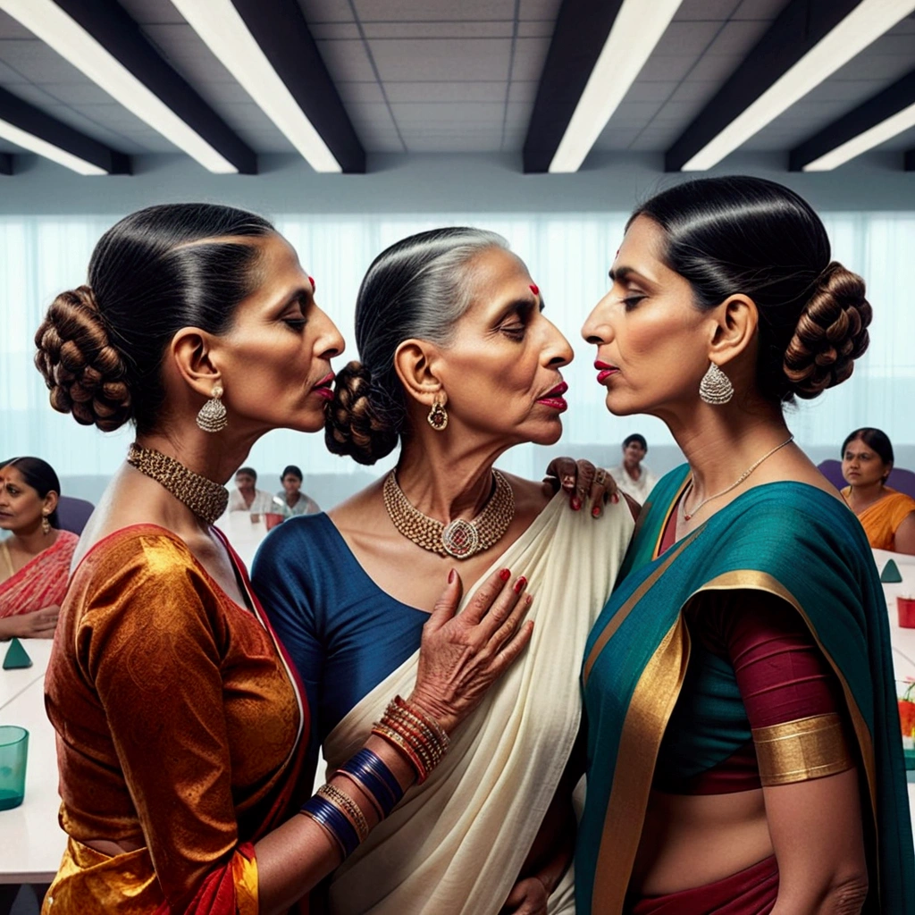 In the road, two mature indain ladies in sarees,kissing,their straight bottom curl bob length hair made in to scalp curl slick multiple small small ponytails are 10 liters of oil poured over their hairs making slick shinning like mirrors,tongues are highly visible,Hairs strictly as per image,Stricly as per the image,