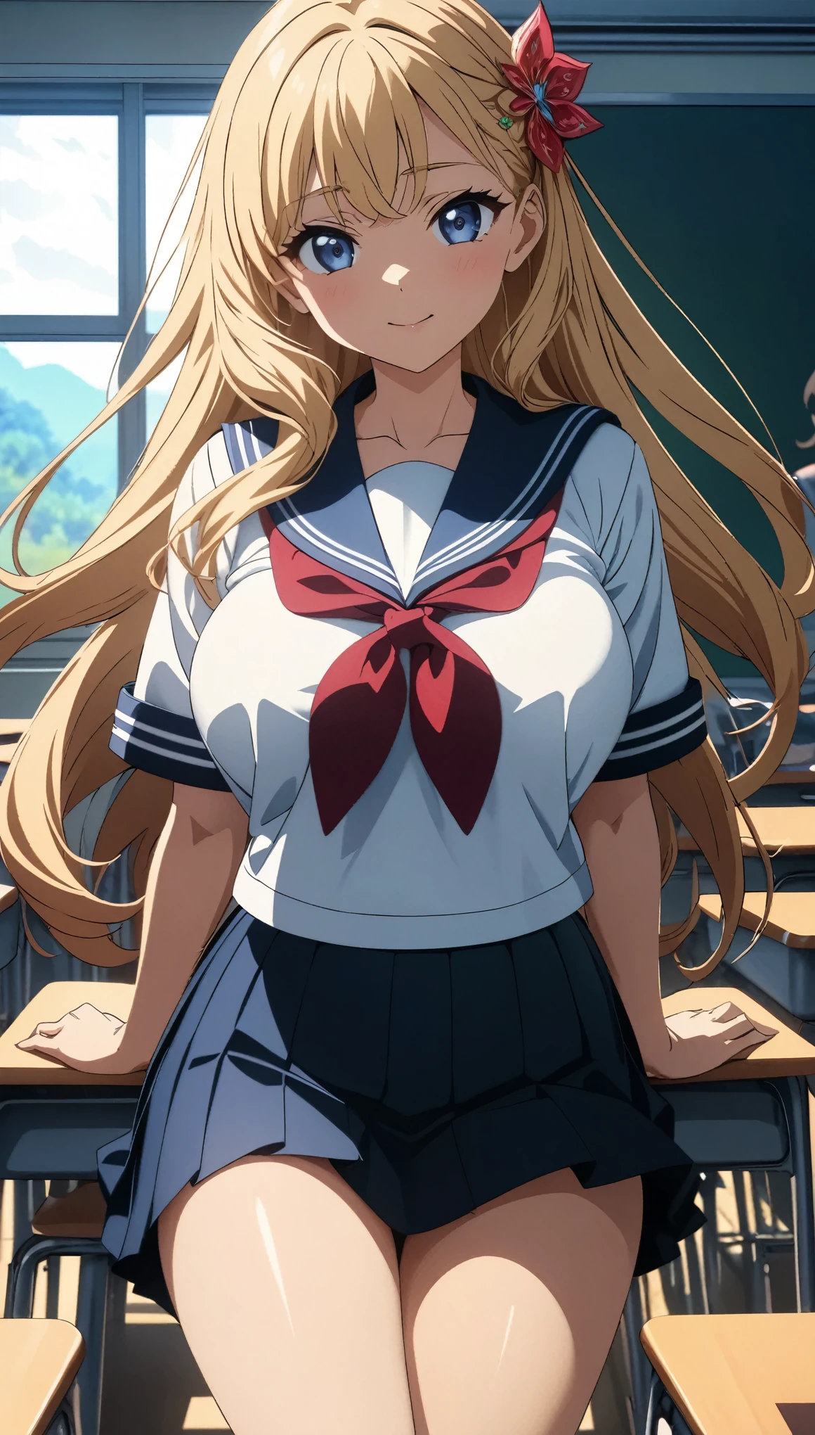 A uniformed anime character posing in front of a blackboard (Anime artwork, Anime Style, Studio Anime, Very detailed, Latest, Vibrant, Anime Coloring, High Contrast, masterpiece:1.2, Highest quality, Best aesthetics), A woman wearing a sailor suit, Pleated skirt, Big Breasts, hair accessory, Thighs glimpsed, blonde, Straight long hair, Perfect Proportions, Skin with attention to detail, cute, Detailed face, Random sexy poses, School classroom, Accurate Fingers,