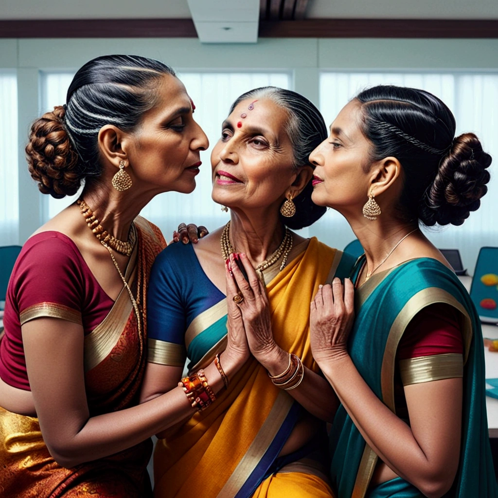 In the road, two mature indain ladies in sarees,kissing,their straight bottom curl bob length hair made in to scalp curl slick multiple small small ponytails are 10 liters of oil poured over their hairs making slick shinning like mirrors,tongues are highly visible,Hairs strictly as per image,Stricly as per the image,