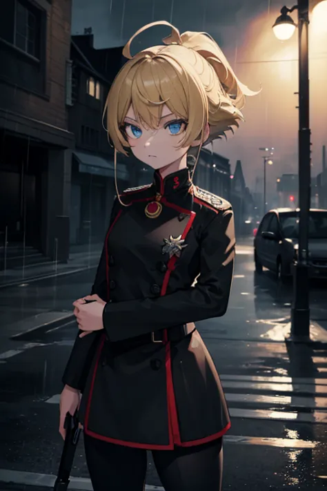 a girl with short blonde hair named albina standing in the rain in a city at night. she is dressed in a black military uniform a...