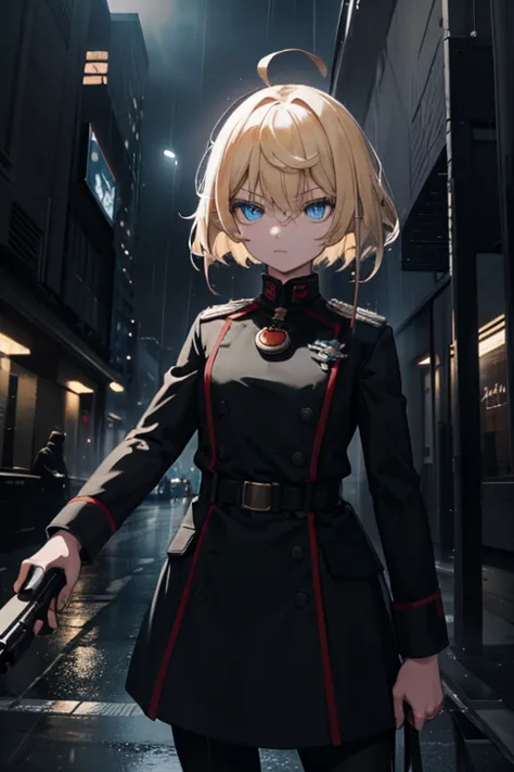 a girl with short blonde hair named albina standing in the rain in a city at night. she is dressed in a black military uniform a...