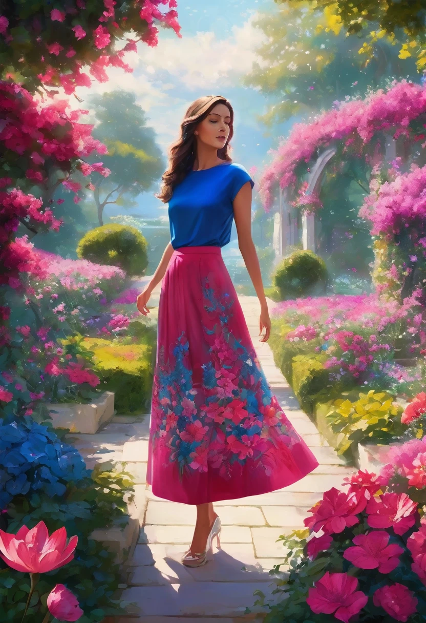 A captivating digital artwork featuring a woman gracefully standing amidst a vibrant pink flower garden. She dons a blue top adorned with intricate floral patterns, complemented by a bold red skirt that contrasts beautifully with the surrounding blooms. The garden, bathed io soft, dappled sunlight, exudes a serene and dreamy atmosphere.