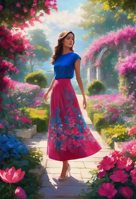 a captivating digital artwork featuring a woman gracefully standing amidst a vibrant pink flower garden. she dons a blue top ado...