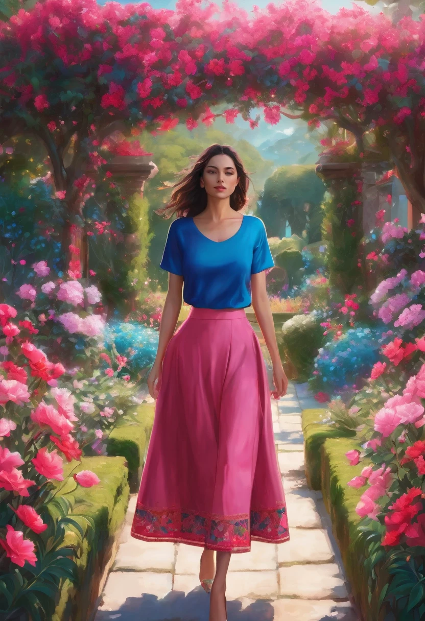 A captivating digital artwork featuring a woman gracefully standing amidst a vibrant pink flower garden. She dons a blue top adorned with intricate floral patterns, complemented by a bold red skirt that contrasts beautifully with the surrounding blooms. The garden, bathed io soft, dappled sunlight, exudes a serene and dreamy atmosphere.