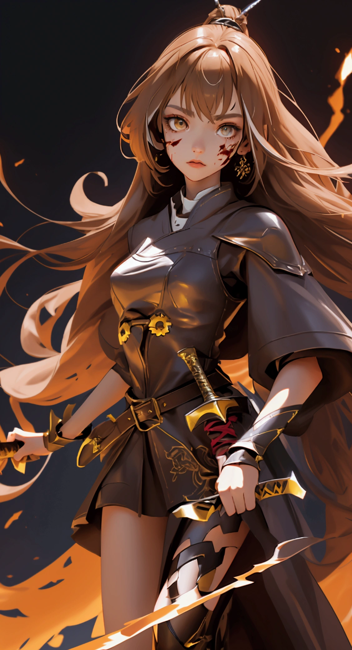 envision a 8k, highres, cinematic, beautiful full body design sheet of a fierce battle warrior slender girl named Nanashi Mumei with long brown hair, Amber eyes, in a leather dress, leather armor, wielding a great sword with blood splattered on her face against a dark gray background