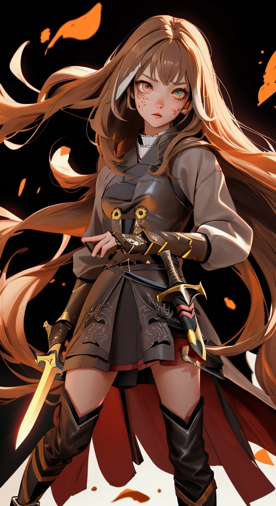 envision a 8k, highres, cinematic, beautiful full body design sheet of a fierce battle warrior slender girl named Nanashi Mumei with long brown hair, Amber eyes, in a leather dress, leather armor, wielding a great sword with blood splattered on her face against a dark gray background