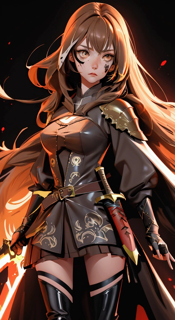 envision a 8k, highres, cinematic, beautiful full body design sheet of a fierce battle warrior slender girl named Nanashi Mumei with long brown hair, Amber eyes, in a leather dress, leather armor, wielding a great sword with blood splattered on her face against a dark gray background