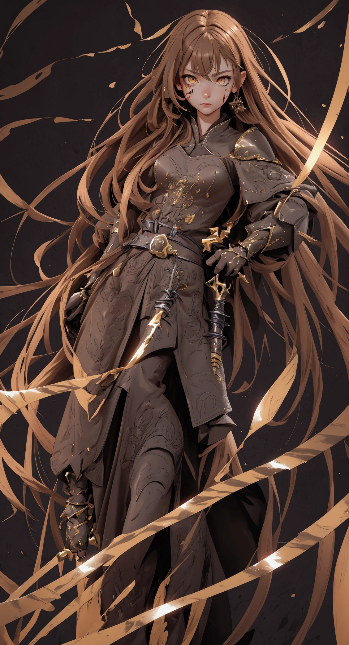 envision a 8k, highres, cinematic, beautiful full body design sheet of a fierce battle warrior slender girl named Nanashi Mumei with long brown hair, Amber eyes, in a leather dress, leather armor, wielding a great sword with blood splattered on her face against a dark gray background