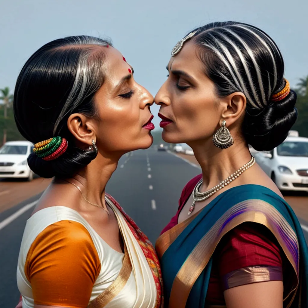 in the road, two mature indain ladies in sarees,kissing,their straight bottom curl bob length hair made in to scalp curl slick m...