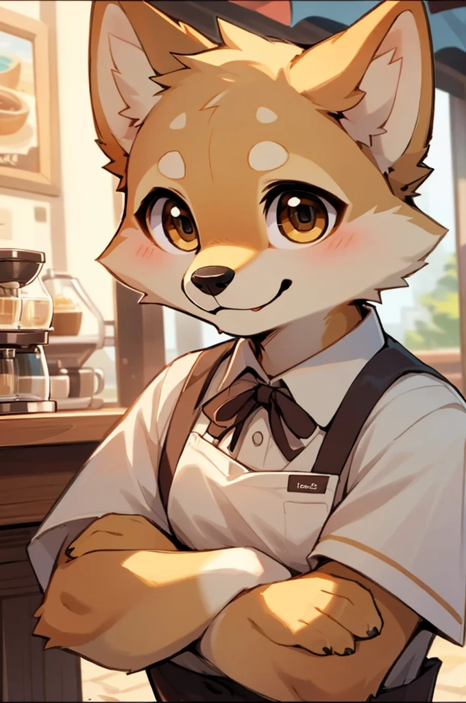 ((close up, upper body POV, bust)), furry, anthro, shiba inu, shiba inu ears, shiba inu tail, ((yellow and white fur)) cute brown eyes, handsome, cute, kawaii, ((wearing a cozy cafe barista outfit)), cozy cafe background, ((best quality, 4K, UHD, masterpiece, SFW)), alone, smiling, arms crossed, 