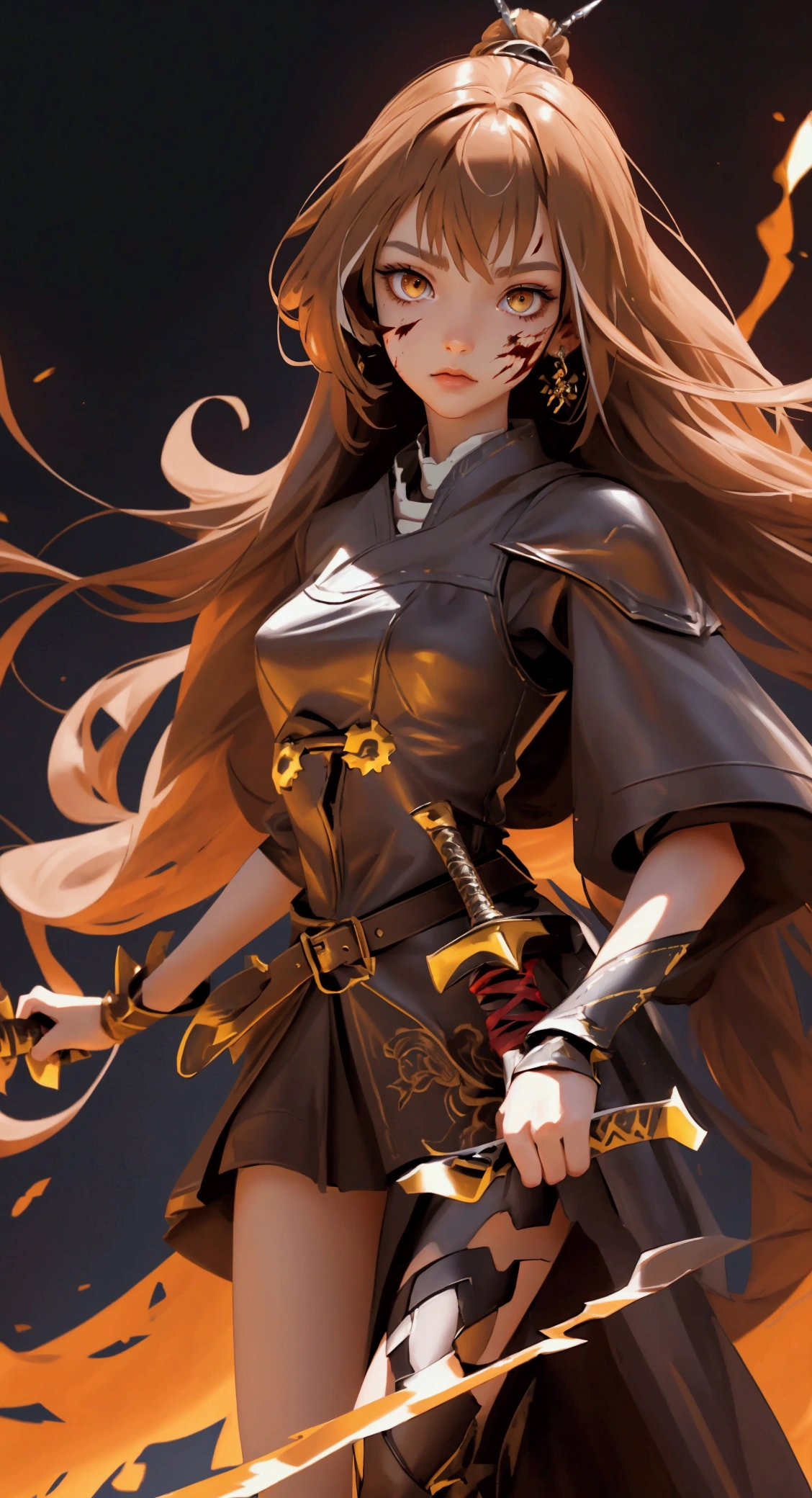 envision a 8k, highres, cinematic, beautiful full body design sheet of a fierce battle warrior slender girl named Nanashi Mumei with long brown hair, Amber eyes, in a leather dress, leather armor, wielding a great sword with blood splattered on her face against a dark gray background