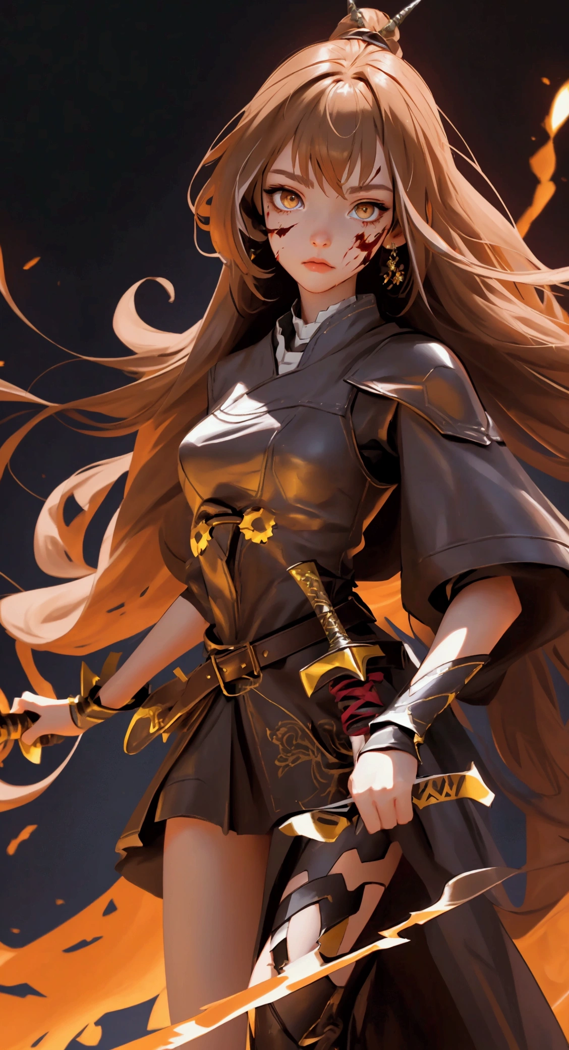 envision a 8k, highres, cinematic, beautiful full body design sheet of a fierce battle warrior slender girl named Nanashi Mumei with long brown hair, Amber eyes, in a leather dress, leather armor, wielding a great sword with blood splattered on her face against a dark gray background