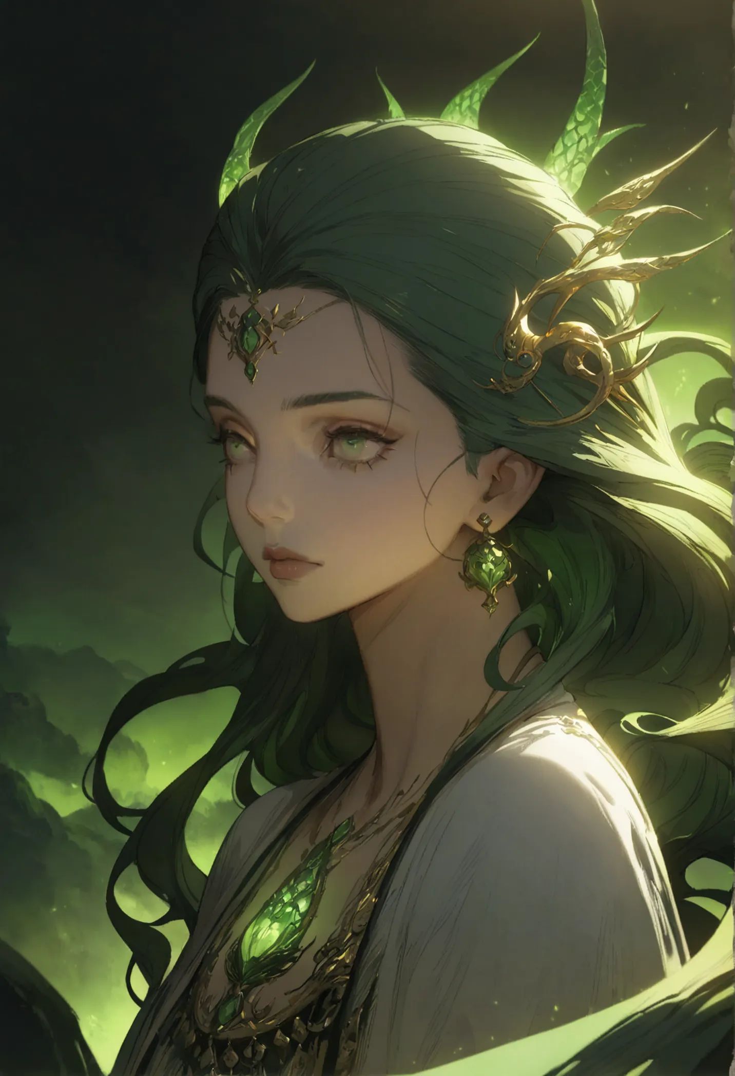 a hyper detailed anime style portrait of a majestic green-hued female deity, the progenitor of all diseases, with an aura of pow...