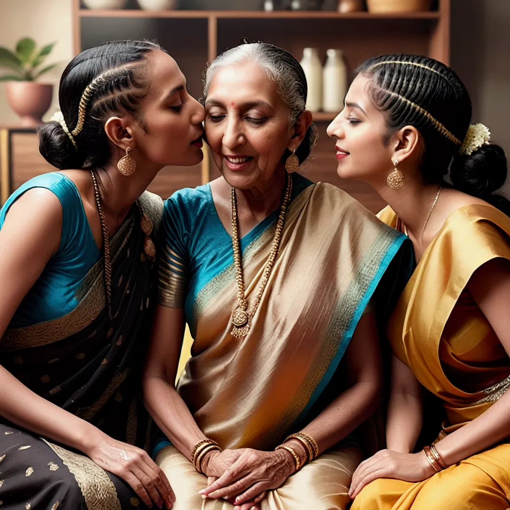 in the home, three mature indain ladies in sarees,kissing,their straight bottom curl bob length hair made in to scalp curl slick...