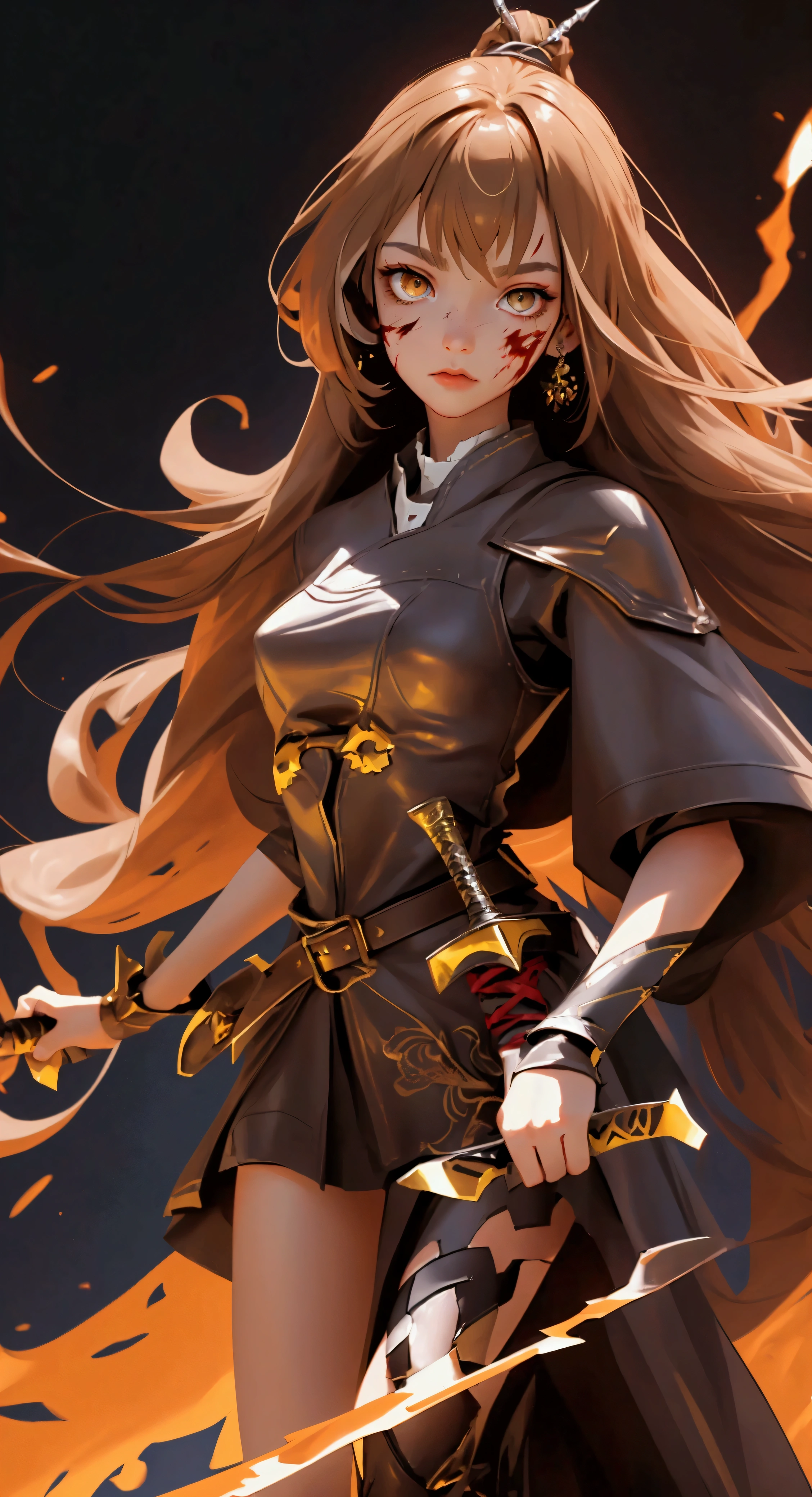 envision a 8k, highres, cinematic, beautiful full body design sheet of a fierce battle warrior slender girl named Nanashi Mumei with long brown hair, Amber eyes, in a leather dress, leather armor, wielding a great sword with blood splattered on her face against a dark gray background