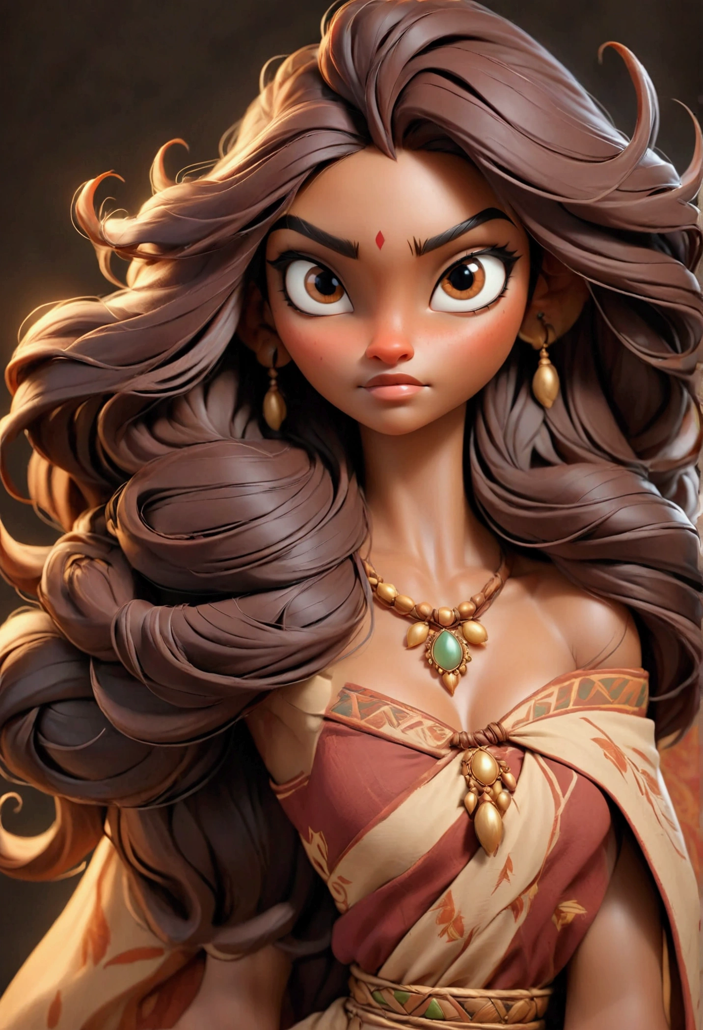 topless Portrait of A confident-looking indian woman with long flowing hair, hazel eyes, with flowing capes, perfect composition, hyperrealistic, super detailed, 8k, high quality, trending art, trending on artstation, sharp focus,  topless studio photo, intricate details, highly detailed