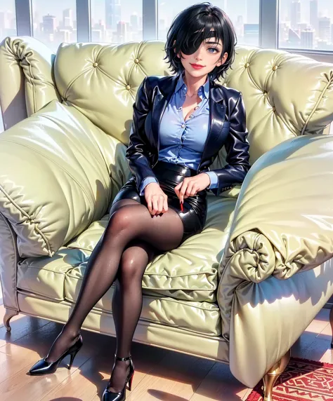 ((solo, 1woman, (( hmn1, eyepatch, short hair, black hair, blue eye, messy hair )), lipstick, extremely detailed, ambient soft l...