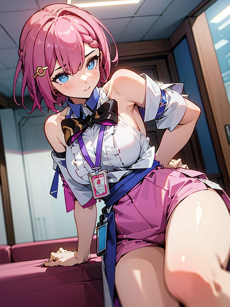 1girl, asta from honkai star rail, pink short hair, short ponyside hair, blue eyes, wearing her outfit, doing daily activities, indoor, very detailed background, many furnitures, masterpiece, highres, ultrahd,