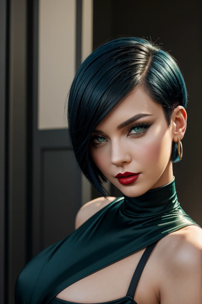 Blue black hair, bobcut, undercut, severe dress, detailed face with bright red lipstick, green eyes, jennifer korbin, full body shot